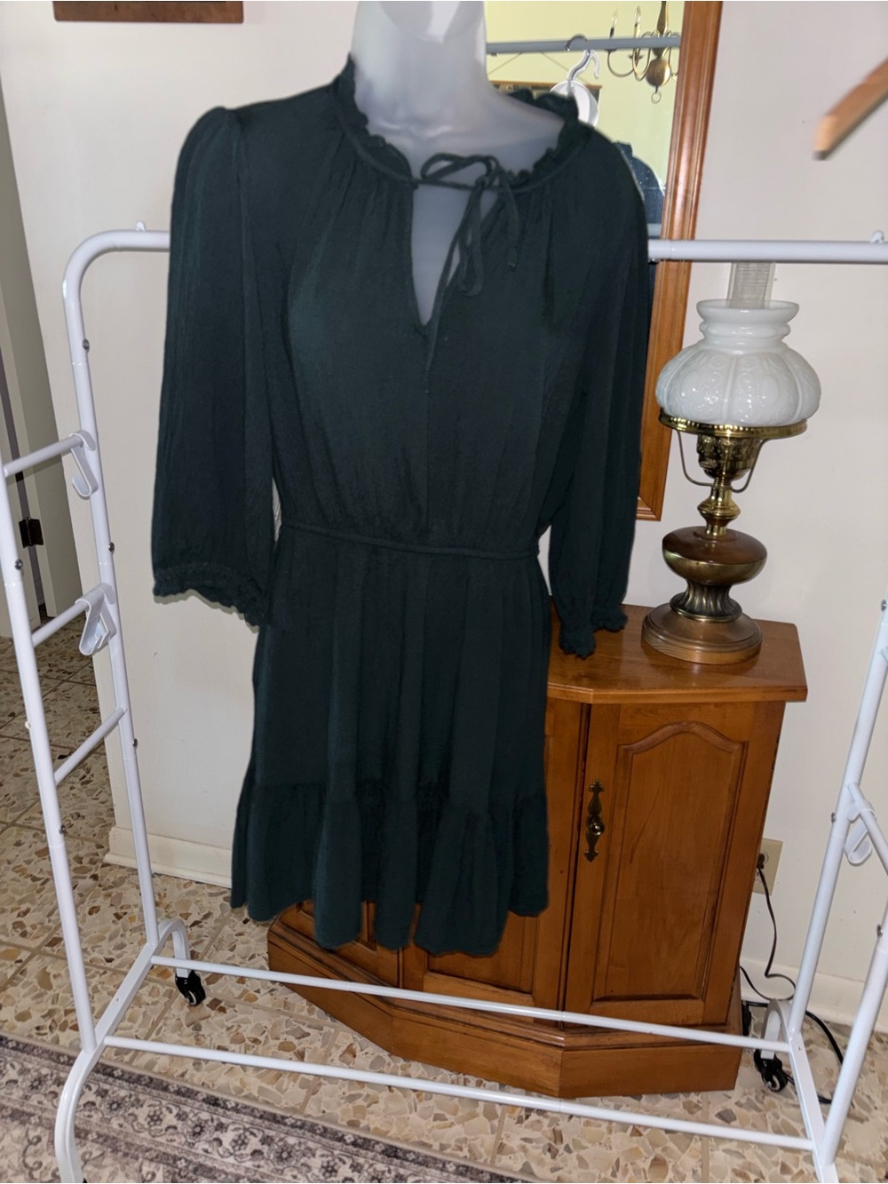 Knox Rose Dark Green Long Sleeve Tie-Neck Tiered Dress